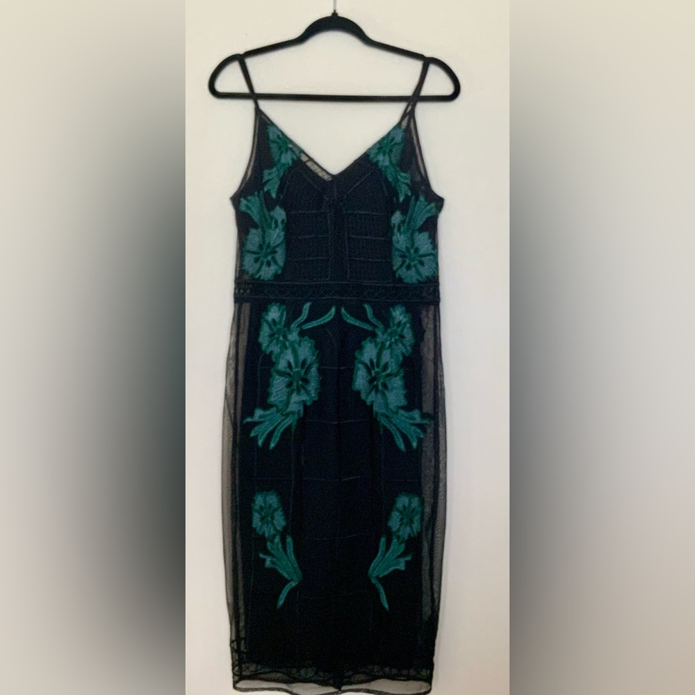 Guess dress, black lace with green embroidered flowers